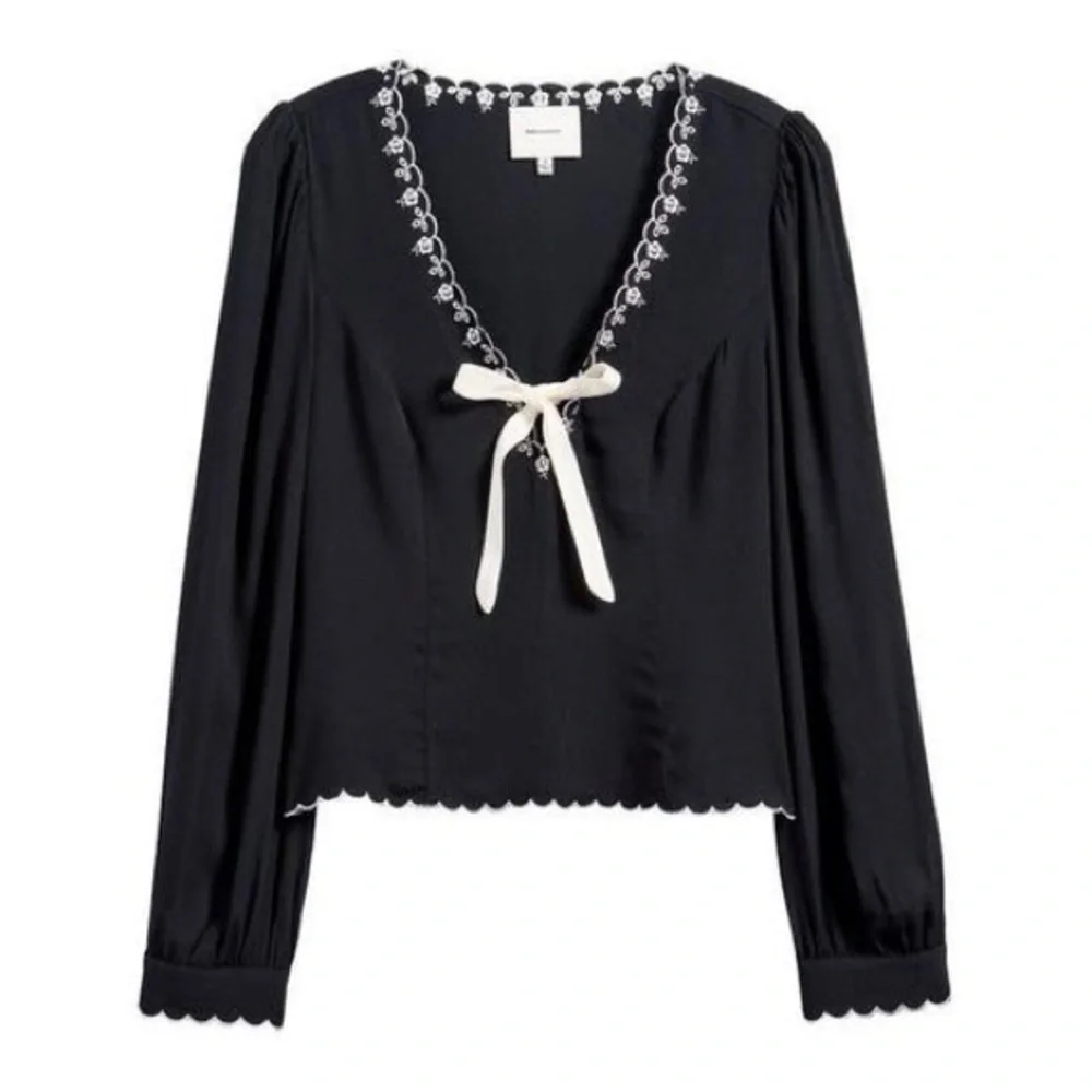 Reformation Black V-Neck Long Sleeve Blouse with White Ribbon & Embroidered Trim